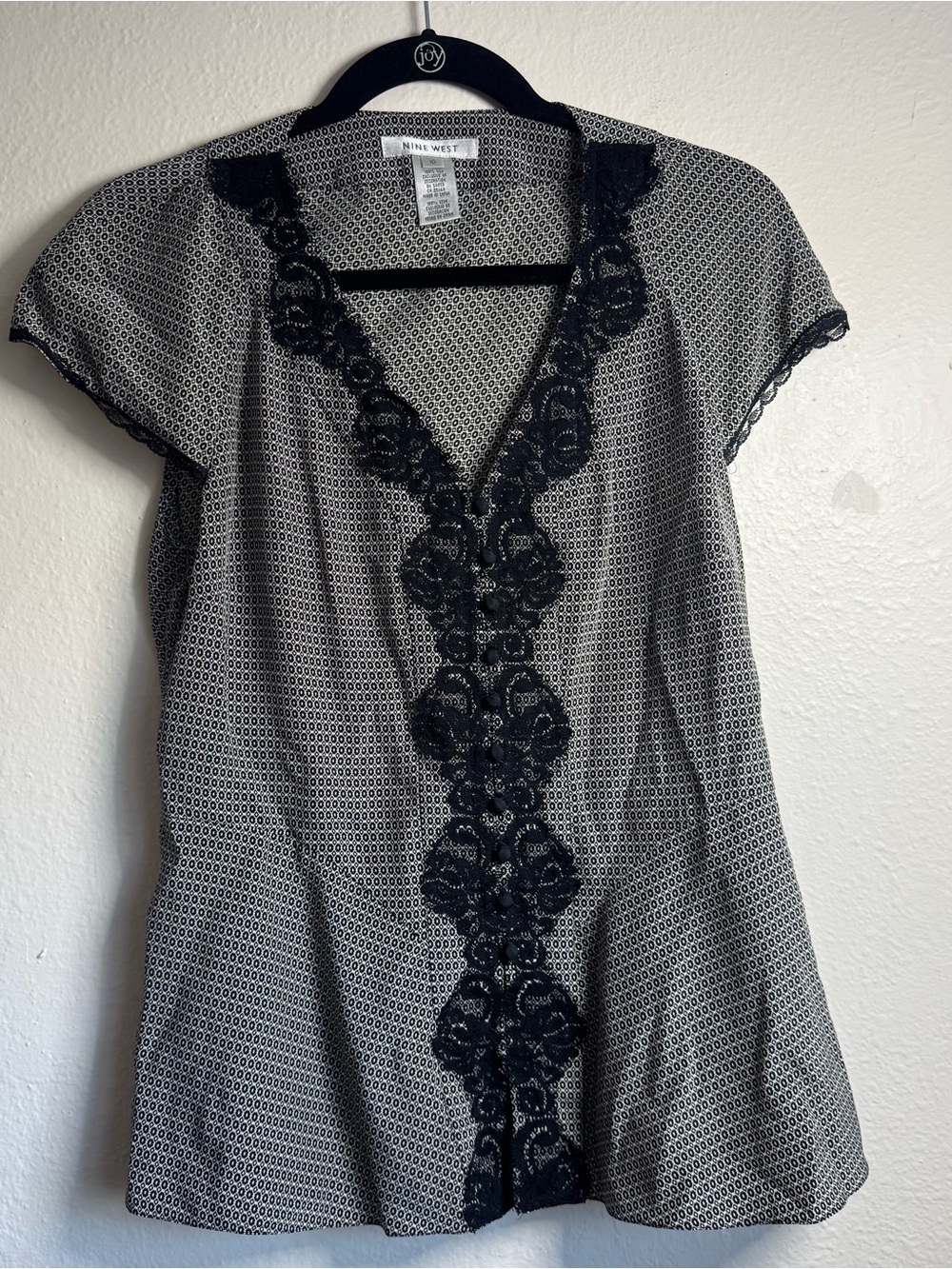 Nine West Baby Doll Shirt Women's 10 Black 100% Silk Lace Cap Sleeve Whimsygoth